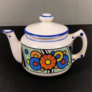 Vintage Czecho-Slovakia Miniature Tea Pot Art Deco Flowers‎ #36 White Blue Round